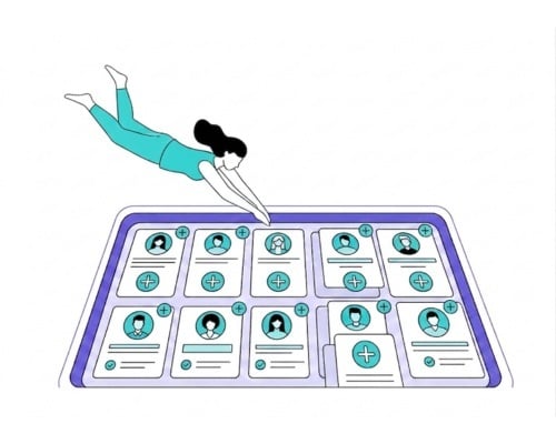 graphic of woman jumping into pool of profiles on a tablet