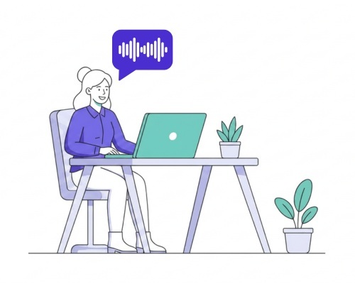 graphic of woman working at her desk recording audio